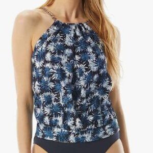 Michael Kors Palm Mix New Navy Blue Blouson High Neck Tankini Top NWT